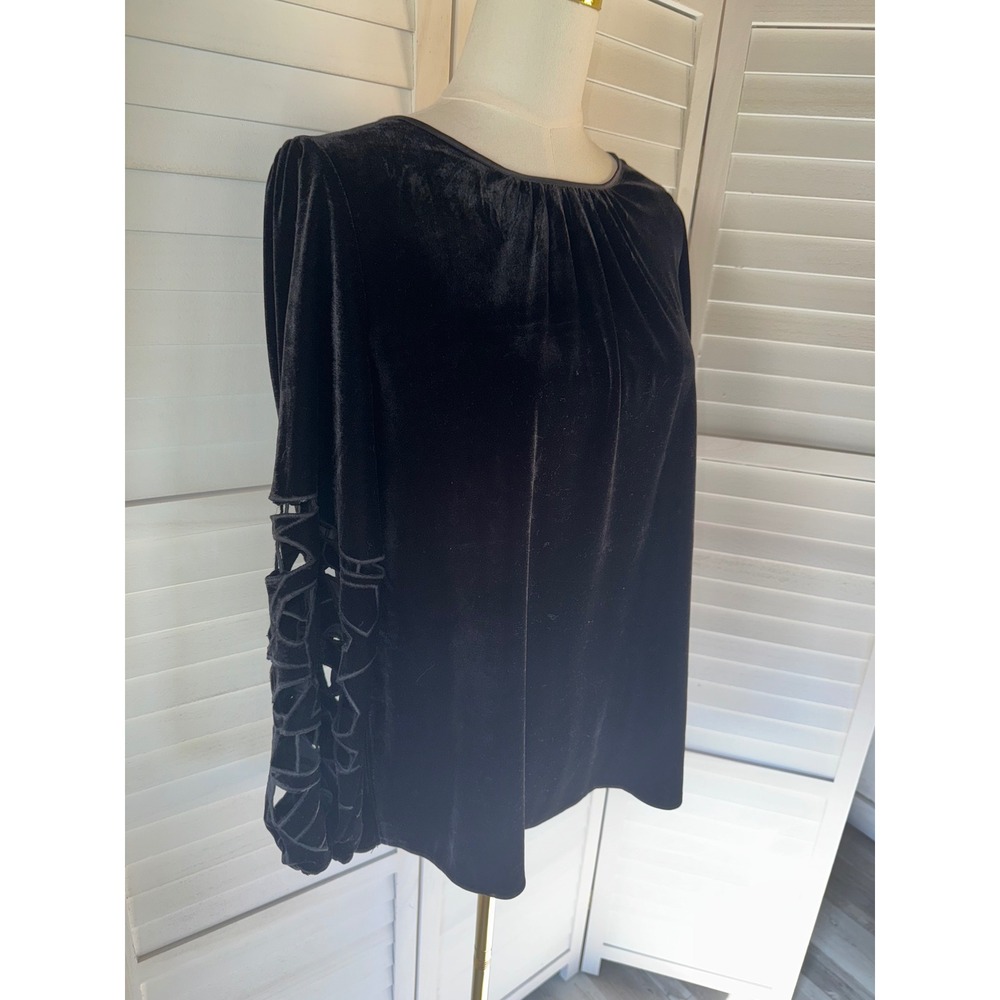 Joie Velvet Blouse Women Black Cut-out Lattice Sleeve Round Neck XL - Picture 3 of 8